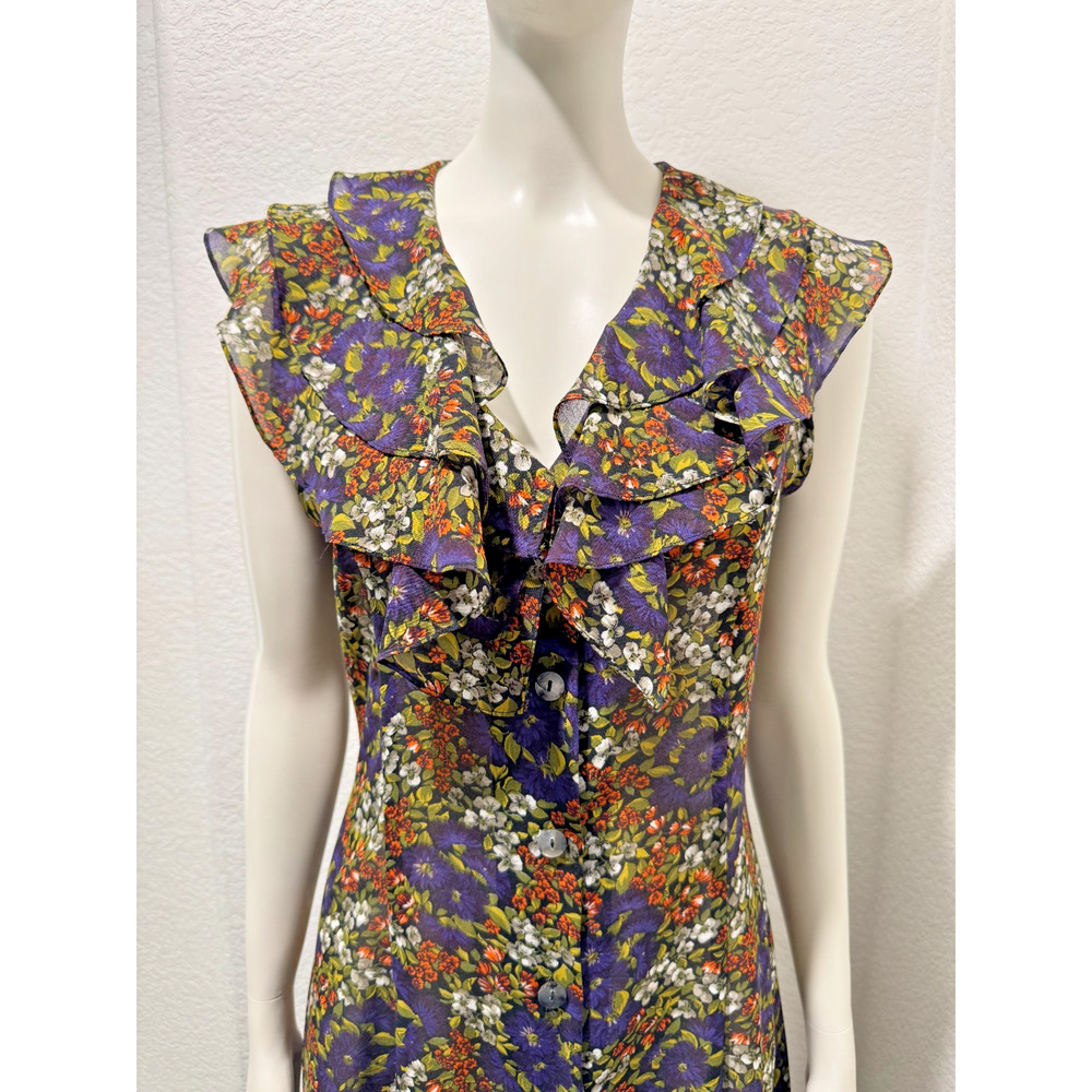 90s Floral Midi Dress Button Front Cottagecore Babydoll Ruffle Sz 4 USA Tie Back